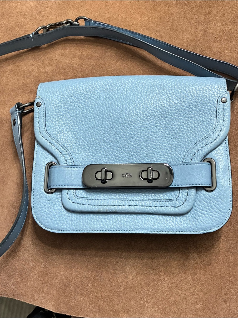 Coach Light Blue Pebbled Leather Turnlock Crossbody